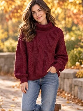 Cider Cable Knit Chunky Knit Preppy/Cottage-core Sweater - Wine XL